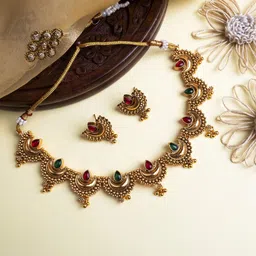 StileAdda Gold Plated Red & Green Stone Studded Half Moon Necklace with Earrings-image-70