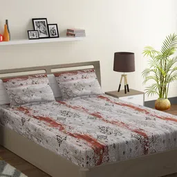SWAYAM Grey & Brown Ethnic Motifs 144 TC Cotton 1 Queen Bedsheet with 2 Pillow Covers-picture-20