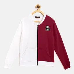 Belle Fille Unisex Kids White Maroon Colourblocked Fleece Lightweight Longline Open Front Jacket-image-77