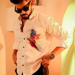 Foomer Men Standard Fit Spread Collar Graphic Bird Printed Satin Casual Shirt-image-61