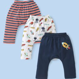 Babyhug Cotton Interlock Knit Full Length Diaper Pant with Stripes & Space Ships Print - Navy Red & White-image-25