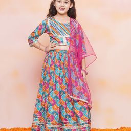 AJ Dezines Three Fourth Sleeves Leheriya & Scallop Patola Motif Printed With Gota Lace Embellished Choli With Coordinating Lehenga & Dupatta Set - Pink-image-26