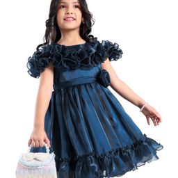 Mark & Mia Half Sleeves Party Dress with Floral Applique Frill Detailing - Blue-image-47