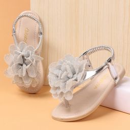 Babyoye Slip On Party Wear Sandals with Floral Corsage & Back Strap - Silver-image-39