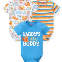 Babyhug 100% Cotton Knit Half Sleeves Onesies With Animals & Text Print Pack Of 3 - Blue White & Orange-image-97