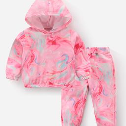 Kookie Kids Full Sleeves Hooded Co-Ord Winter Wear Suit With Marble Print - Pink-image-2