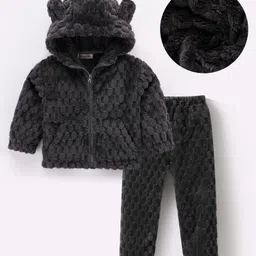 Kookie Kids Full Sleeves Hooded Winter Wear Night Suit with Bear 3D Applique -  Grey-picture-48