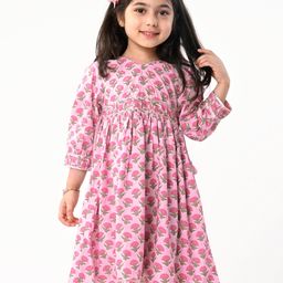 Babyhug Cotton Three Fourth Sleeves Ethnic Dress with Tassle Detailing Floral Print - Pink-image-13