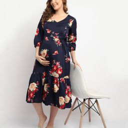 Moms Maternity Three Fourth Sleeves Floral Printed Maternity Dress With Concealed Zipper Nursing Access - Navy Blue-image-2