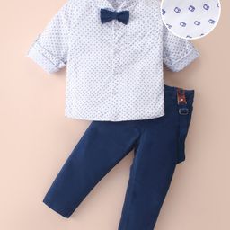 Mark & Mia Full Sleeves Printed Shirt & Trouser Set with Bow & Suspender - Navy Blue & White-image-98