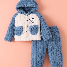 Kookie Kids Full Raglan Sleeves Hooded Front Open Winter Wear Night Suit With Teddy Applique - Blue-image-61