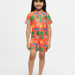 Somersault Half Sleeves Beach Theme Printed Legged Swimsuit - Orange-image-85