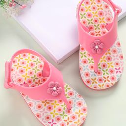Babyoye Flip Flops with Velcro Closure & Floral Print - Pink-image-61