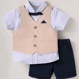 ToffyHouse Cotton Woven Half Sleeves Striped 3 Piece Party Suit With Bow - Beige White & Navy Blue-picture-38