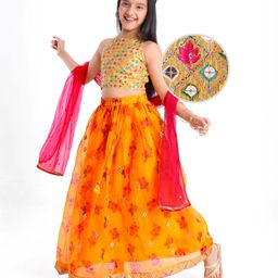 Pine Kids Woven Singlet Sleeves Mirror & Floral Embroidered Choli Lehenga Set with Dupatta - Mustard-picture-26