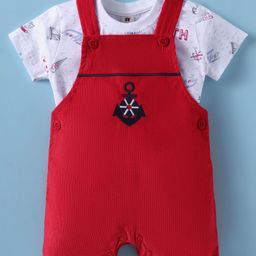 ToffyHouse Cotton Knit Dungarees with Half Sleeves Inner Tee & Nautical Theme Print - Red & White-image-63