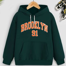 Trampoline Cotton Blend Full Sleeves Brooklyn 91 Text Printed Hooded Sweatshirt - Green-picture-31