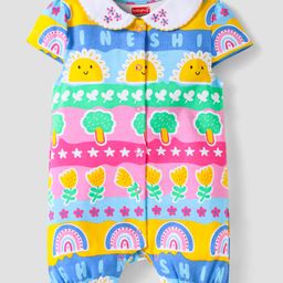 Babyhug 100% Cotton Knit Half Sleeves Peter Pan Romper with Tropical Print - Pink & Light Green-image-79