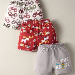 OHMS Single Jersey Knee Length Shorts With Vehicle & Animal Print Pack Of 3 - Red White & Grey-image-58