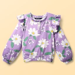 Pine Kids Cotton Knit Full Sleeves Top With Frill Detailing & Floral Print - Lilac-picture-30