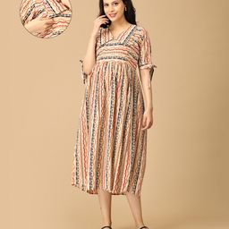 The Mom Store Cotton Half Sleeves Abstract Printed Maternity Dress With Nursing Access - Multi Colour-picture-10