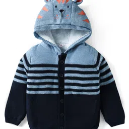 Babyhug Knit Full Sleeves Striped Hooded Front Open Sweater with Ear Applique - Light Blue-picture-47