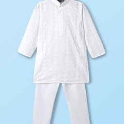 Dapper Dudes Full Sleeves Floral Embroidered Kurta & Pyjama Set - White-image-3