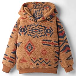 Little Kangaroos Woven Full Sleeves Hooded Fur Sweatshirt with Abstract Print - Brown-picture-21