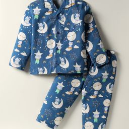 Mini Taurus Interlock Knit Full Sleeves Co-Ord Night Suit With Animal & Moon Print - Navy Blue-image-53