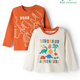 Babyoye 100% Cotton Knit Full Sleeves T-Shirts With Dino Print Pack of 2 - Orange & White-picture-6