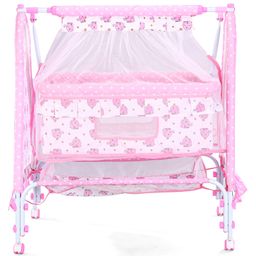 fab n funky Elephant Printed Folding Cradle with Mosquito Net & Wheels - Pink image 2
