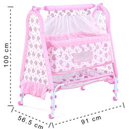 fab n funky Elephant Printed Folding Cradle with Mosquito Net & Wheels - Pink image 3
