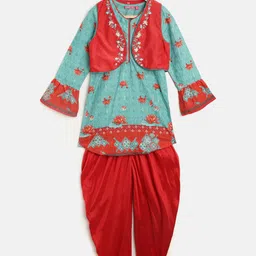 Biba Girls Turquoise Blue Printed Kurti & Red Patiala with Ethnic Waistcoat-image-99