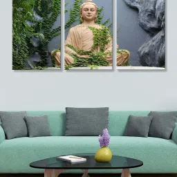 999Store Grey & Green Buddha and Trees Art 3 Frame Canvas Paintings image 1