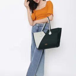 KLEIO Green Color Block Medium Tote Handbag image 2