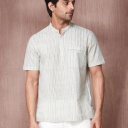 Fabindia White & Green Cotton Comfort Fit Striped Shirt-image-69