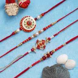 eCraftIndia Set of 4 Red, White, Golden Beads & Pearl Rakhis with Sibling Agreement & Roli Chawal-4