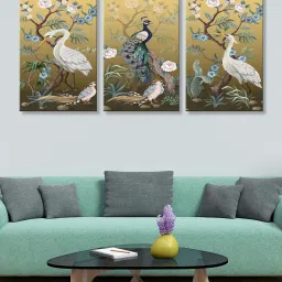 999Store Multicolor Flamingo and Peacock with Tree Art 3 Frame Canvas Paintings image 1