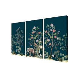 999Store Green Flamingo Birds and Elephant with Floral Tree Art 3 Frame Canvas Paintings image 3