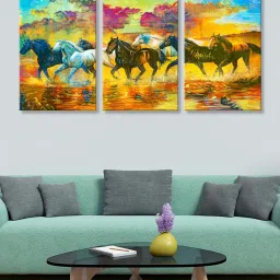 999Store Multicolor Running Horses Art 3 Frame Canvas Paintings image 1