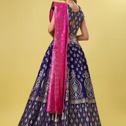 PURVAJA Navy Printed Stitched Lehenga & Unstitched Blouse With Dupatta image 2