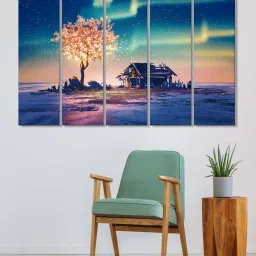 999Store Blue Glowing Tree Leaves and House Art 5 Frame MDF Paintings image 1