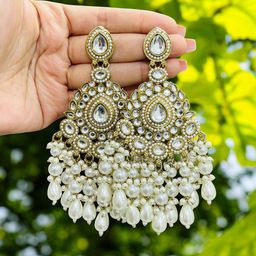 Anouk Gold-Plated Artificial Stones Studded & Beaded Floral Shaped Drop Earrings image 3