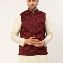 Jompers Maroon Regular Fit Self Pattern Nehru Jacket-image-3