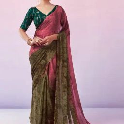 Satrani Pink & Brown Tie & Dye Saree With Unstitched Blouse-image-98