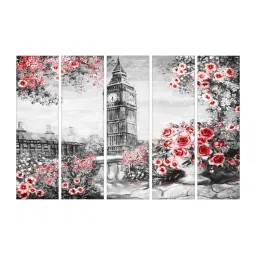 999Store Grey & Red Roses and Clock Tower Art 5 Frame MDF Paintings image 2