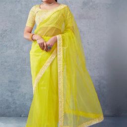 Satrani Neon Yellow Woven Saree With Unstitched Blouse-image-94