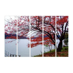 999Store Red & Grey Leaves Tree and Lake Art 5 Frame MDF Paintings image 2