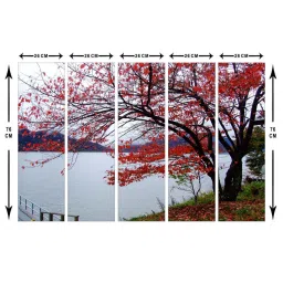 999Store Red & Grey Leaves Tree and Lake Art 5 Frame MDF Paintings image 5