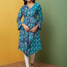 Globus Blue Cotton Floral Print High Low Kurta-picture-32